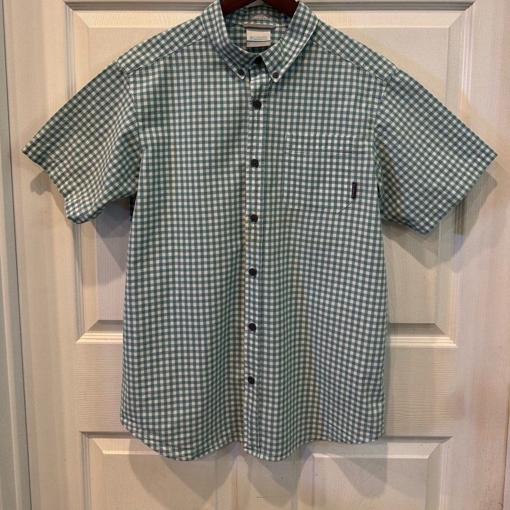 Columbia Short Sleeve Shirt Seafoam Green Gingham Plaid Cotton Men’s Size M